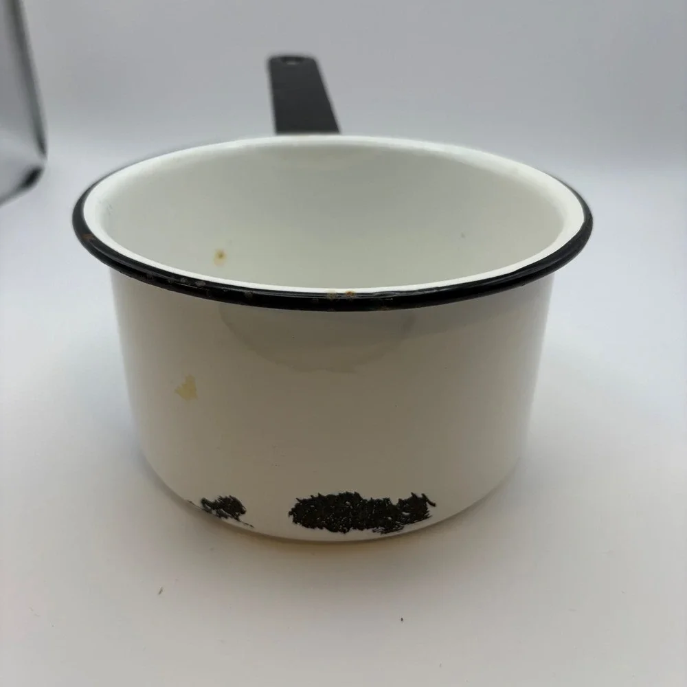Vintage White Enamelware Double Boiler Saucepan Mug Black Trim Farmhouse 5 Piece